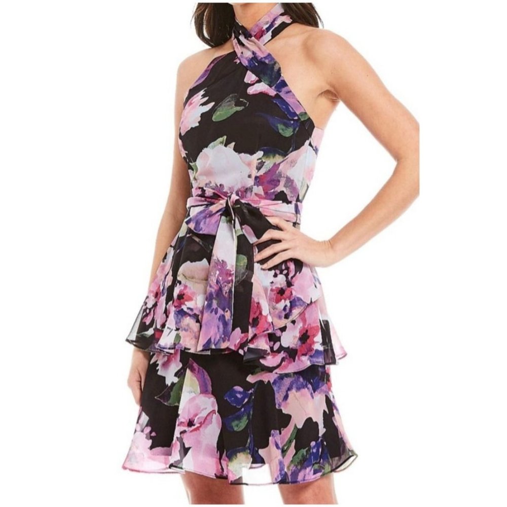 Alex Marie Everly Cross Neck Dress 8 Floral Belt $138 Cosmopolitan Chic